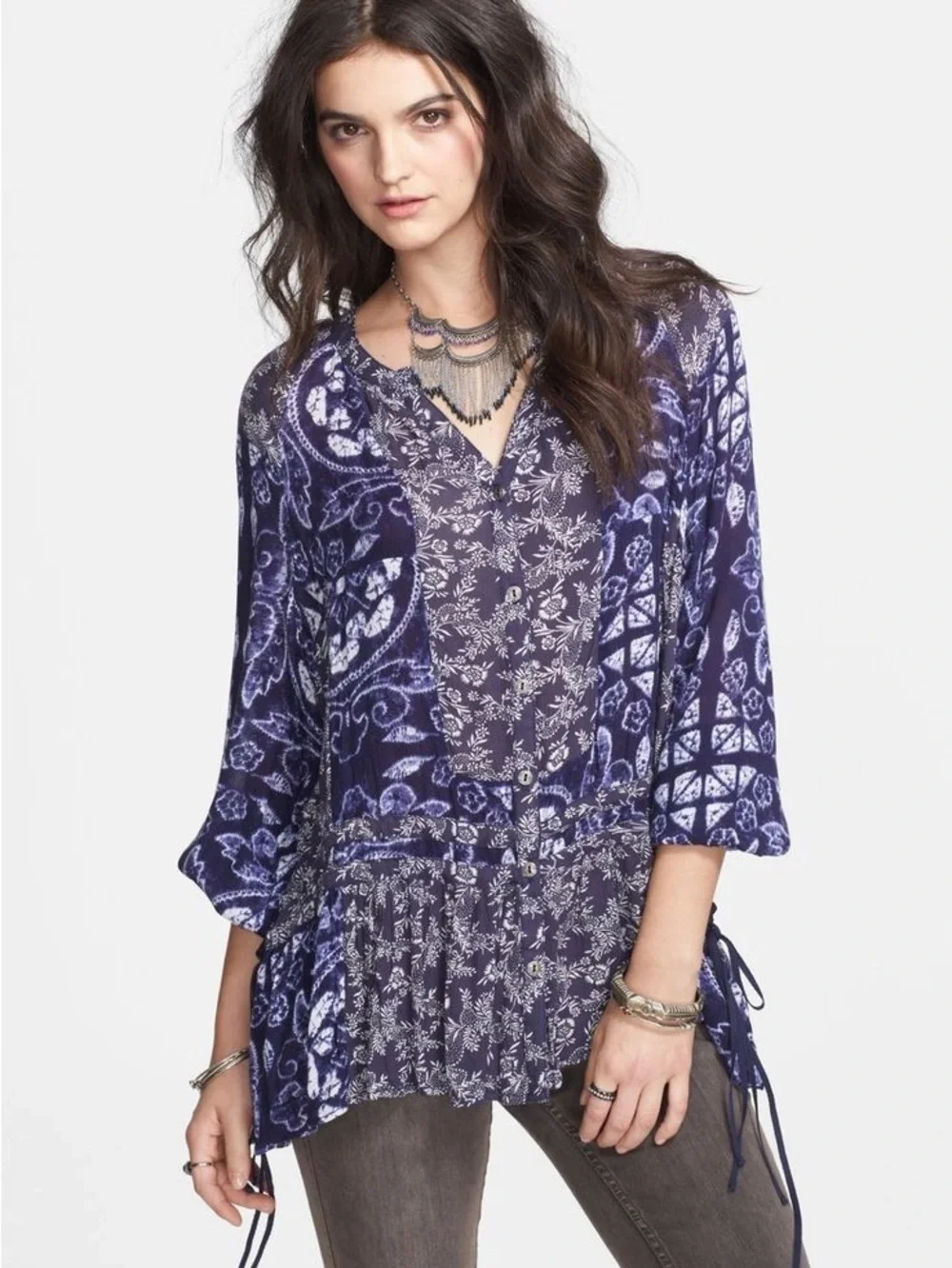 Free people ratio print drop waist tunic top blouse in blue size xs oversized